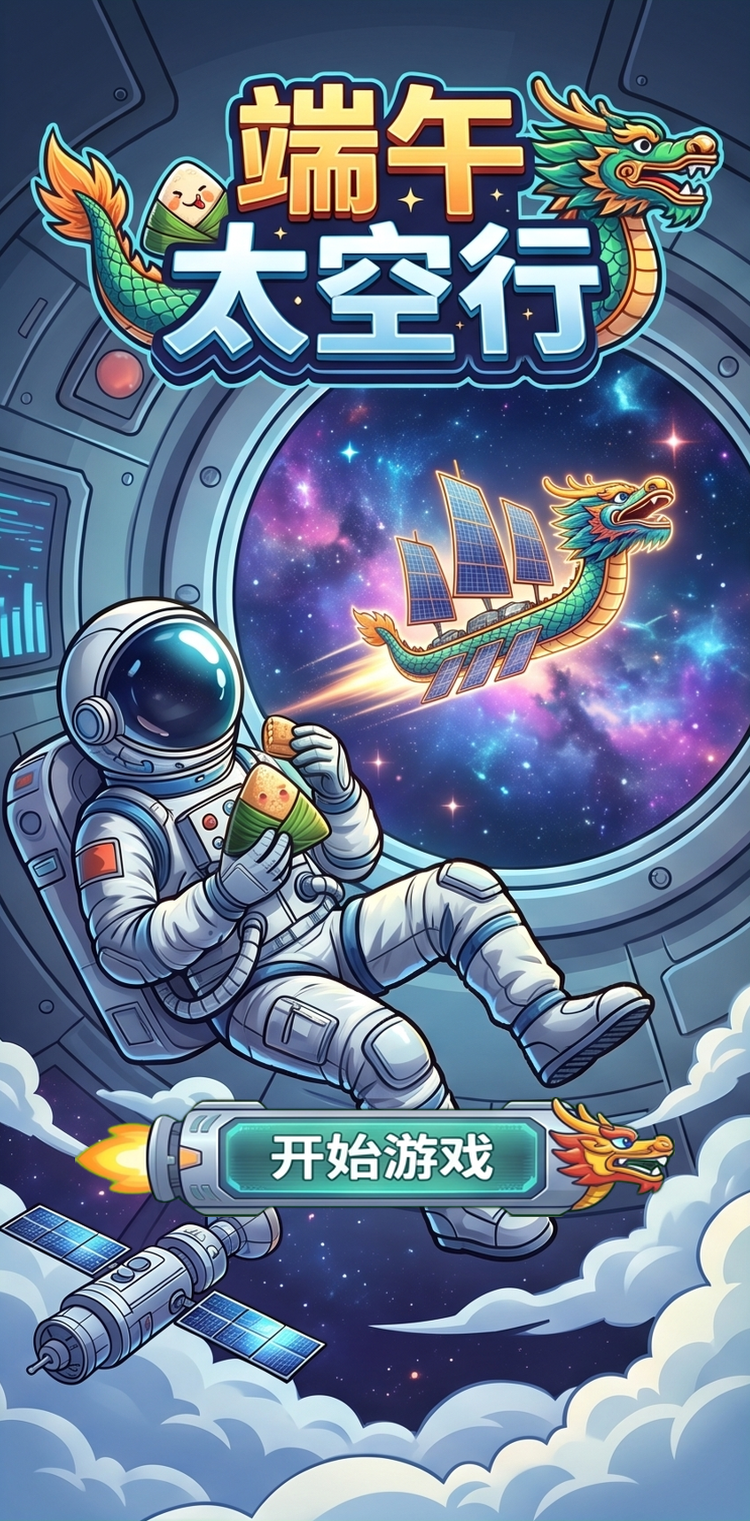 端午太空行宇航员手持粽子龙舟乘着星光