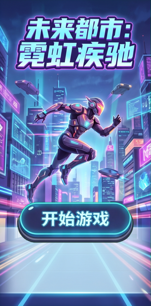 未来都市霓虹疾驰赛博朋克风未来城市奔