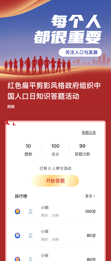 红色扁平剪影风格政府组织中国人口日知识答题活动