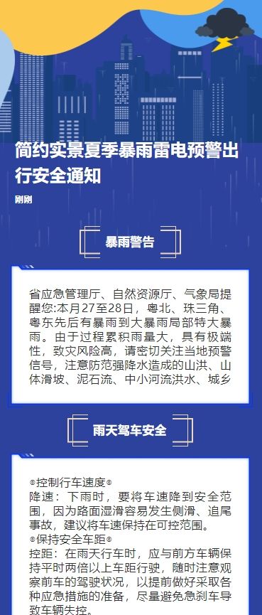 简约实景夏季暴雨雷电预警出行安全通知