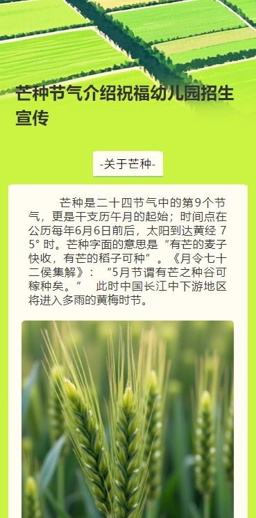 手绘卡通芒种节气介绍祝福幼儿园招生宣传