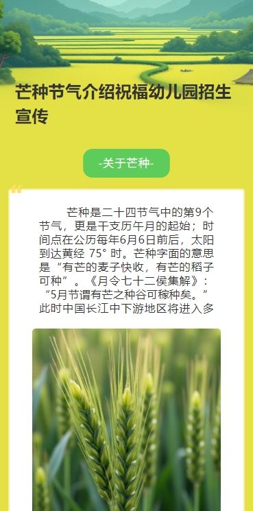 手绘卡通芒种节气介绍祝福幼儿园招生宣传