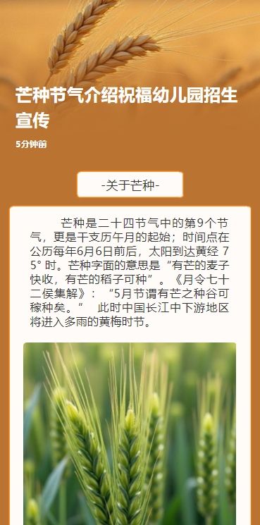 手绘卡通芒种节气介绍祝福幼儿园招生宣传