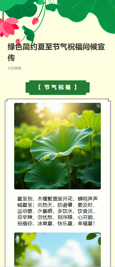 绿色简约夏至节气祝福问候宣传