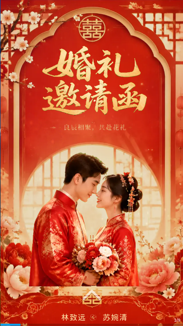 明亮中式婚礼家宴邀请函